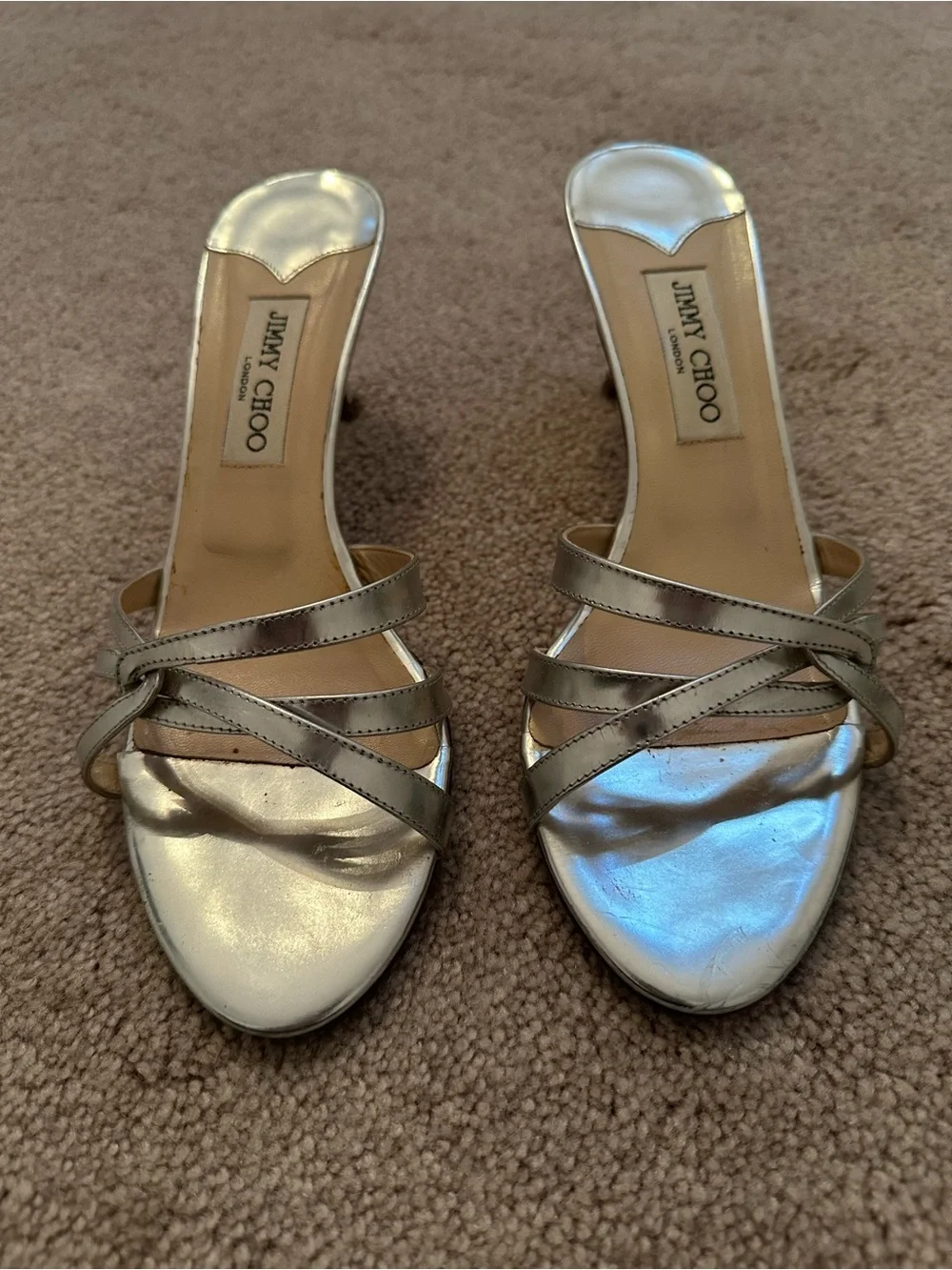 Jimmy Choo Metallic Silver Strappy Mules